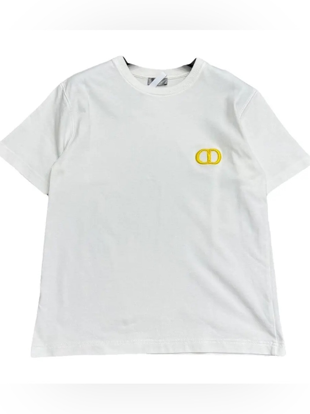 Dior Icon White Short-Sleeve Crewneck T-Shirt with Yellow stiched logo Emblem